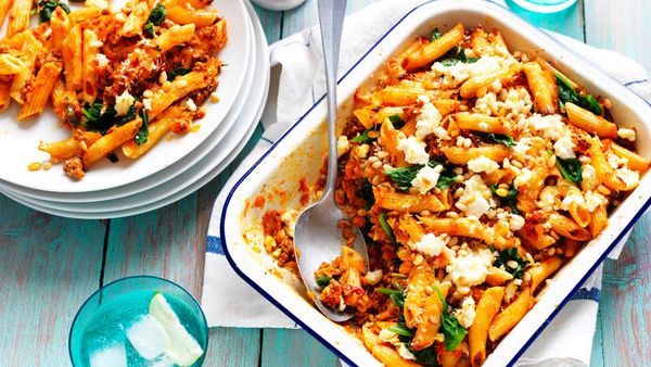 Sweet potato pasta bake with spinach and pine nuts