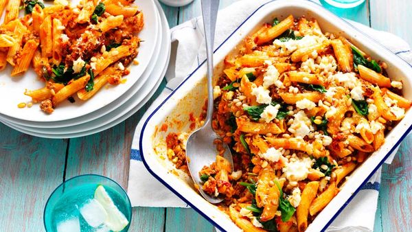 Beef and sweet potato pasta bake with spinach and pine nuts - 9Kitchen