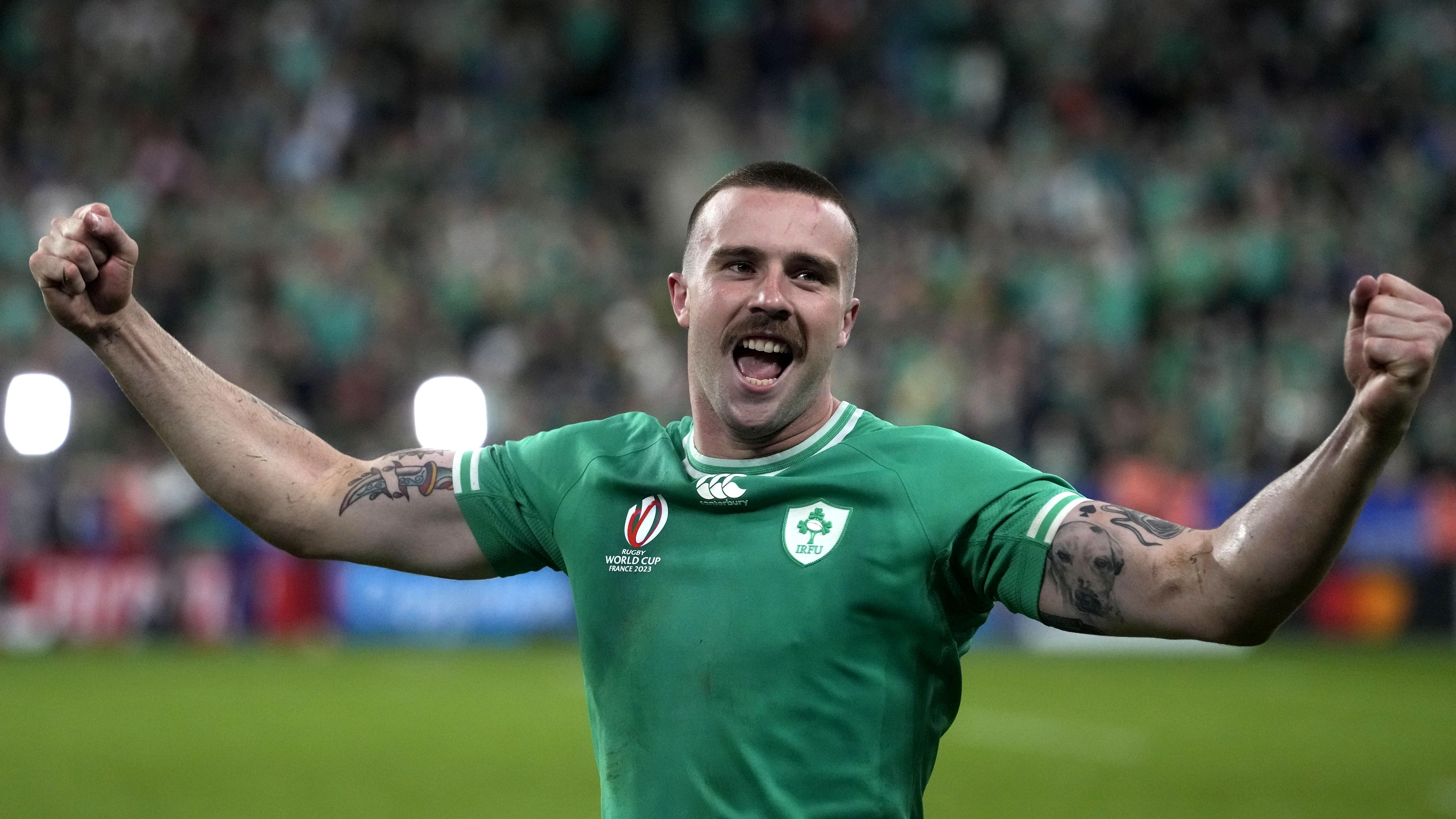 Ireland&#x27;s Mack Hansen celebrates at the end of the Rugby World Cup match against South Africa.