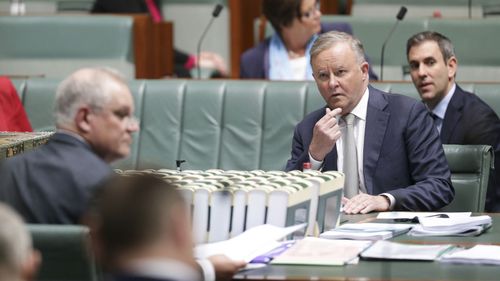 Opposition Leader Anthony Albanese looks at Prime Minister Scott Morrison.