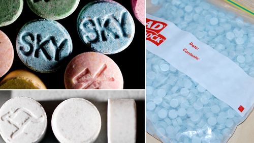 File images of MDMA (top left) and MDMA tablets seized by Australian police.