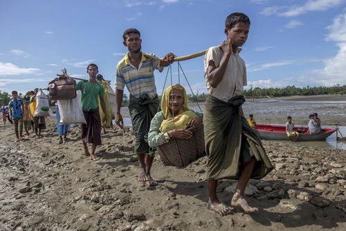 Rohingya Muslims, who crossed over from Myanmar into Bangladesh, carry an elderly woman in a basket and walk towards a refugee camp in Shah Porir Dwip. (AP)