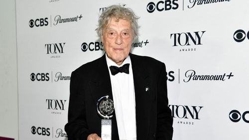Tom Stoppard poses with the award for best play for "Leopoldstadt" in the press room at the 76th annual Tony Awards on Sunday, June 11, 2023, at the Radio Hotel in New York.