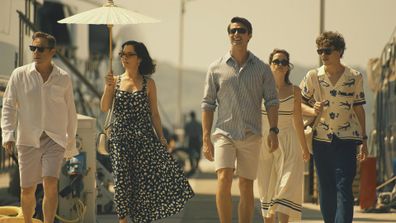 Jason Isaacs, Parker Posy, Patrick Schwarzenegger, Sarah Catherine Hook and Sam Nivola in The White Lotus season 3