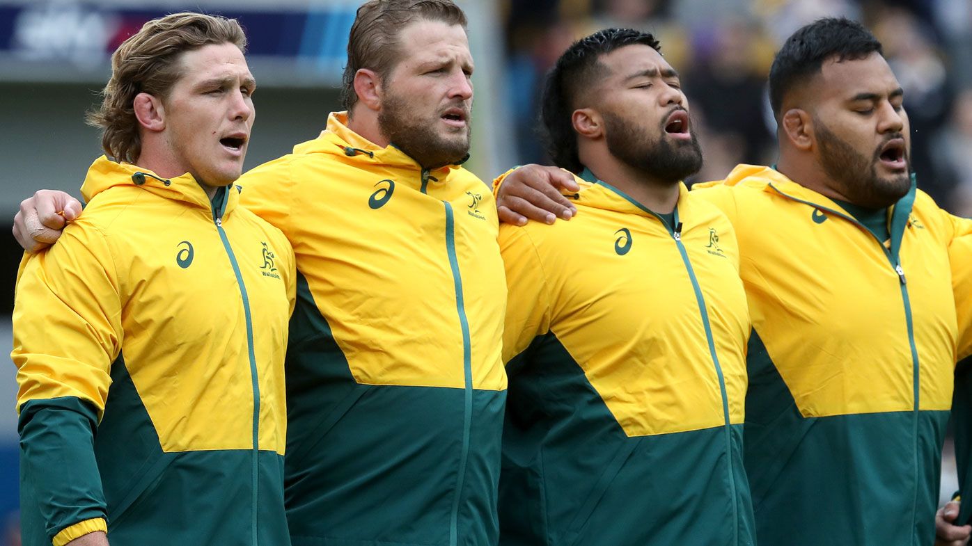 The Wallabies sing the Australian national anthem ahead of Game 1 of the Bledisloe Cup. (Getty)