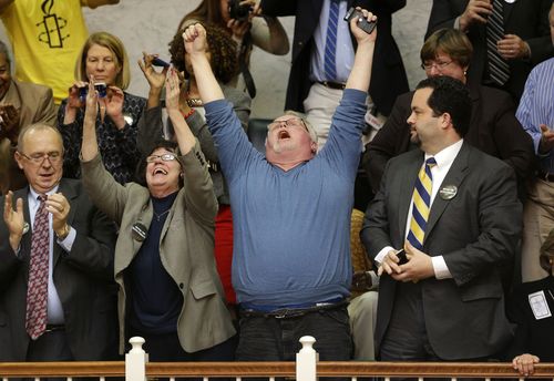 Kirk Bloodsworth, pictured celebrating the abolishment of the death penalty in Maryland in 2013, was the first American sentenced to death row who was exonerated by DNA.