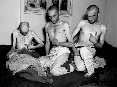 Prisoners from Buchenwald concentration camp after their liberation by US soldiers in 1945.