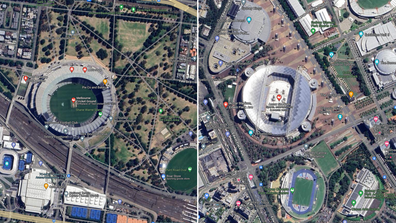 The Melbourne Cricket Ground (left) and Accor Stadium (right) as they appear on Google Maps.