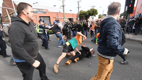 Far-right protesters converged on the location where Milo was speaking. (AAP)