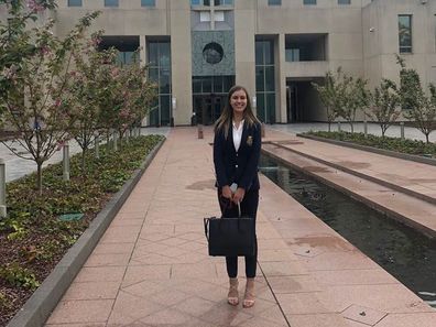 Brittany Higgins on her first day working at Parliament House in Canberra.