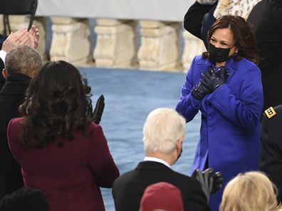 Vice President-elect Kamala Harris, right, meets former First Lady Michelle Obama and former President Barack Obama before President-elect Joe Bidens inauguration, Wednesday, Jan. 20, 2021, at the U.S. Capitol in Washington. (Saul Loeb/Pool Photo via AP)