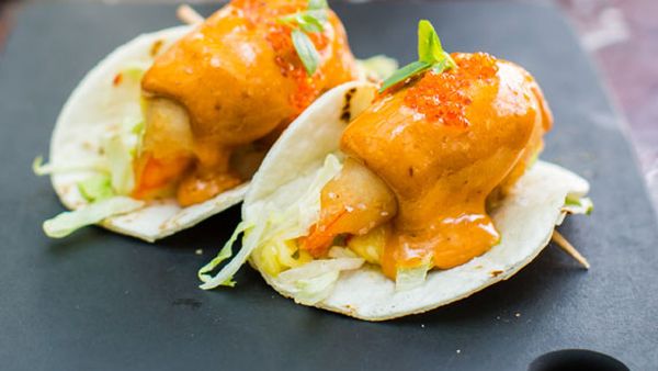 Luke Mangan's taco of tempura prawn, pineapple salsa, chipotle aioli