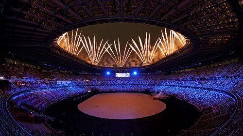 Fireworks are seen during the Opening Ceremony of the Tokyo 2020 Olympic Games at Olympic Stadium on July 23, 2021 in Tokyo, Japan.