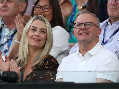 Jodie Haydon and Prime Minister of Australia Anthony Albanese look on during the Men's Singles Final match between Jannik Sinner of Italy and Daniil Medvedev during the 2024 Australian Open at Melbourne Park on January 28, 2024 in Melbourne, Australia. 