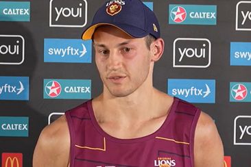 Tom Doedee speaks to reporters after one of his first training sessions with the Brisbane Lions