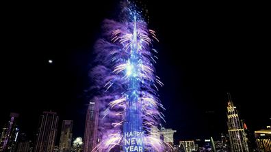 Fireworks explode at the Burj Khalifa, the world&#x27;s tallest building, during the New Year&#x27;s Eve celebration, in Dubai, United Arab Emirates, Sunday, January 1, 2023. 