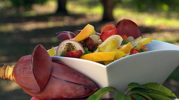 Tropical fruit salad with green tea syrup