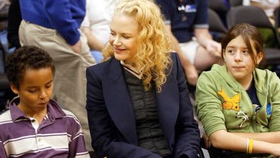 Actress Nicole Kidman and her children Connor (L) and Isabella (R) attend a game between the Los Angeles Lakers and the Miami Heat at the Staples Center December 25, 2004.