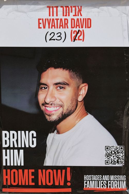 A poster outside the Tel Aviv Museum of Art showing hostage Evyatar David, photo taken on January 21