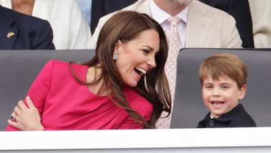 (L-R) Prime Minister Boris Johnson, Mike Tindall, Mia Tindall (front row) Catherine, Duchess of Cornwall and Prince Louis of Cambridge watch the Platinum Pageant on June 05, 2022 in London, England. 