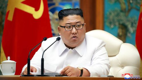 North Korean leader Kim Jong Un attends an emergency Politburo meeting in Pyongyang, North Korea Saturday, July 25, 2020.