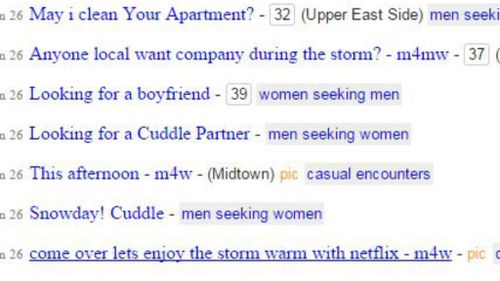 A sample list of Craigslist ads seeking "blizzard buddies".