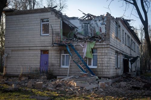 A damaged kindergarten following a Russian drone attack in Kyiv, Ukraine, Saturday, Nov. 25, 2023.