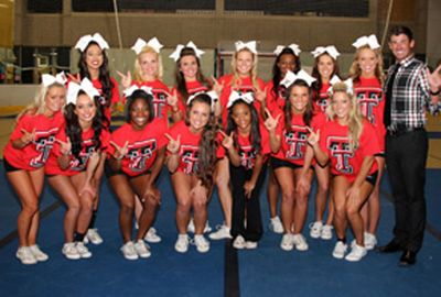 Kendall (top right) with her Texas Tech University cheerleading team
