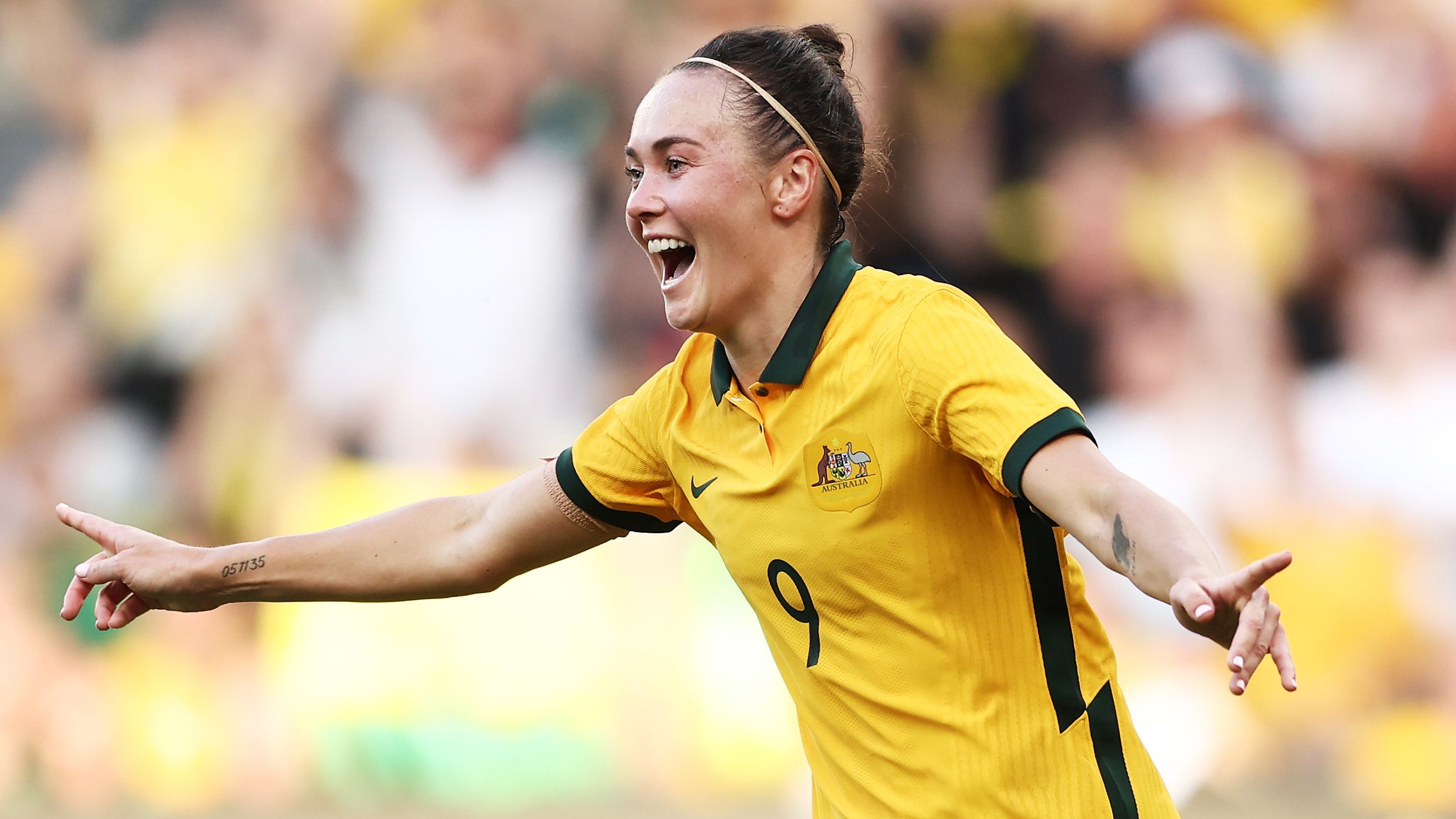 SYDNEY, AUSTRALIA - FEBRUARY 19: Caitlin Foord of Australia celebrates scoring a goal during the 2023 Cup of Nations Match between Australian Matildas and Spain at CommBank Stadium on February 19, 2023 in Sydney, Australia. (Photo by Matt King/Getty Images)