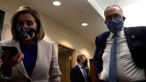 Nancy Pelosi and Chuck Schumer on the phone to then-Vice President Mike Pence.