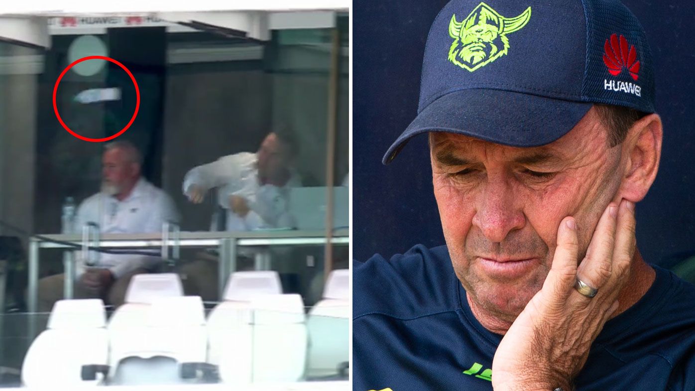 Ricky Stuart hurls his water bottle from the coach&#x27;s box in frustration at GIO Stadium.