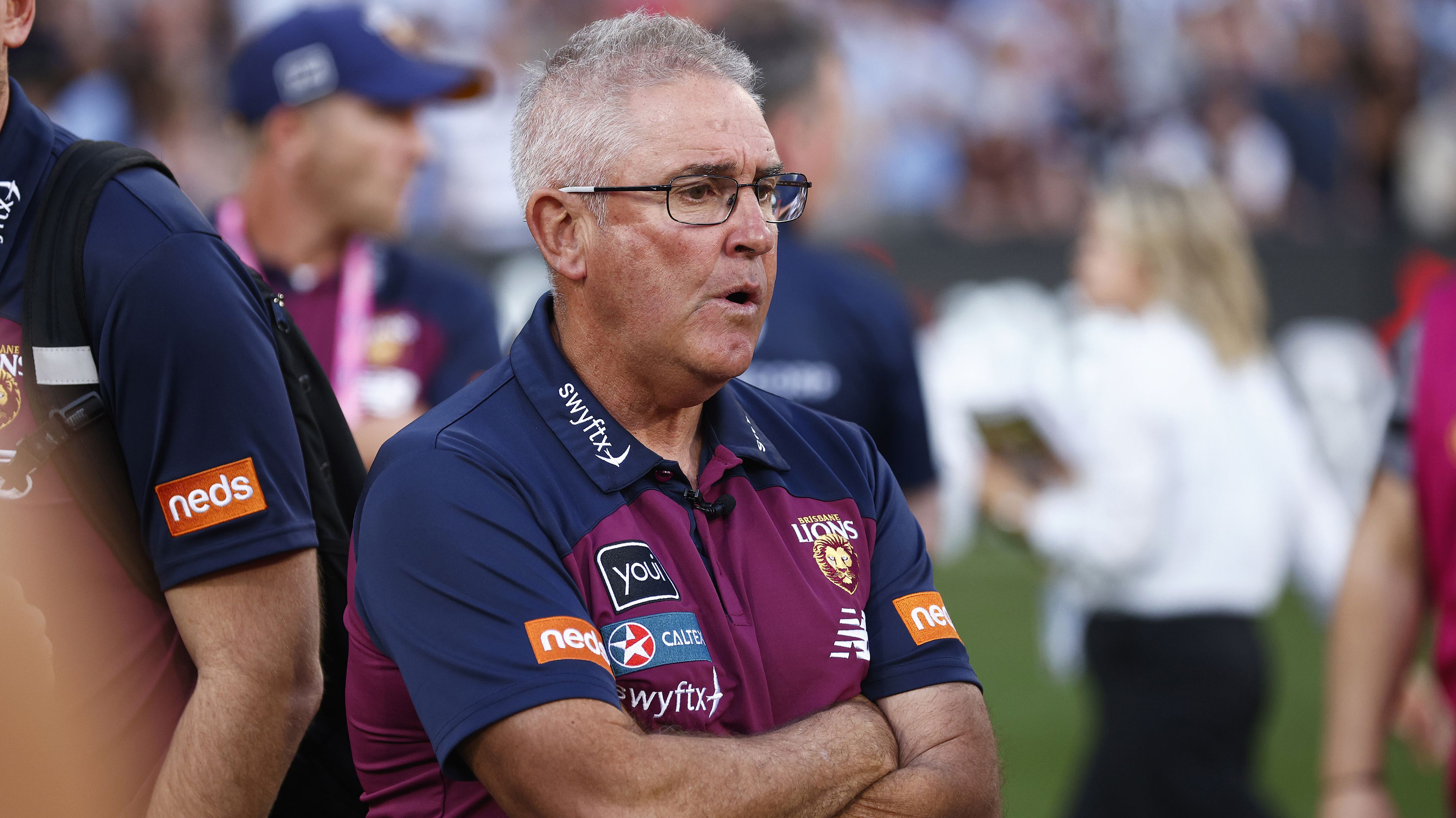 MELBOURNE, AUSTRALIA - SEPTEMBER 30: Lions head coach Chris Fagan looks dejected after the 2023 AFL Grand Final match between Collingwood Magpies and Brisbane Lions at Melbourne Cricket Ground, on September 30, 2023, in Melbourne, Australia. (Photo by Daniel Pockett/AFL Photos/via Getty Images)