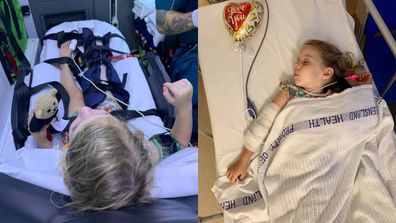 Toddler with snake bite lying in ambulance (left) and sleeping in hospital bed (right).