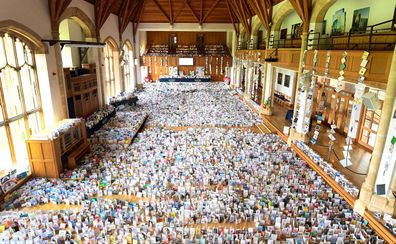  A general view of thousands of birthday cards sent to Captain Tom Moore for his 100th birthday on April 30th, are pictured displayed in the Hall of Bedford School, closed-down due to the COVID-19 pandemic, in Bedford, on April 29, 2020.