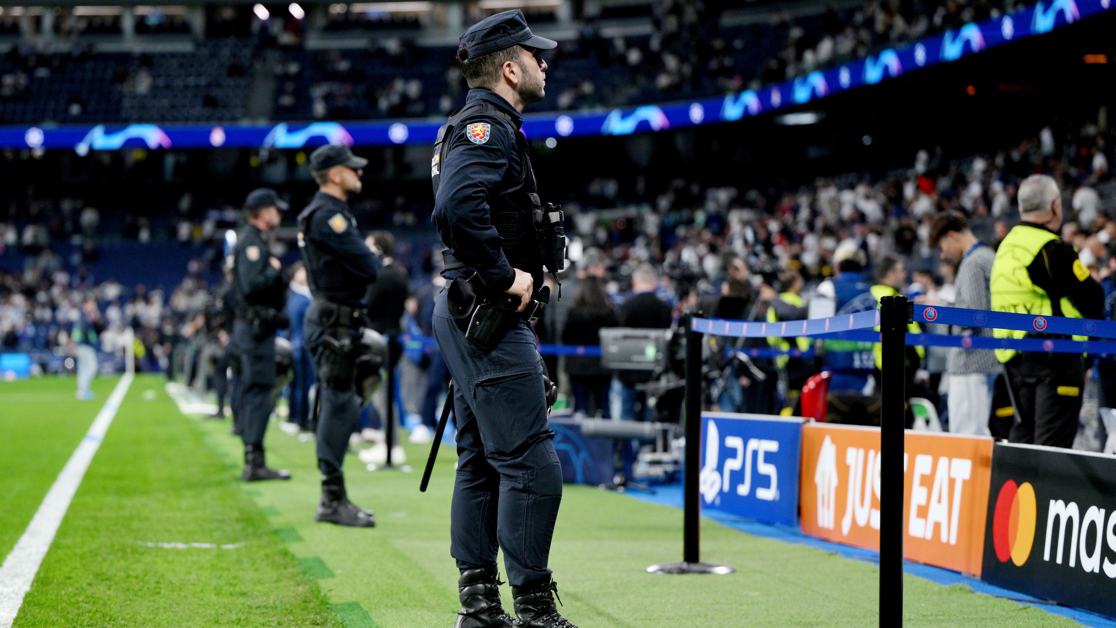 A police officer inside the Estadio Santiago Bernabeu in Madrid.