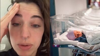 Left: Screenshot of woman telling story on TikTok. Right: Babies in bassinets lined up in the hospital.