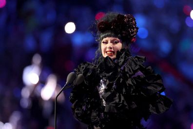 ELMONT, NEW YORK - SEPTEMBER 07: Lady Gaga speaks onstage during the 2025 MTV Video Music Awards at UBS Arena on September 07, 2025 in Elmont, New York. (Photo by Mike Coppola/Getty Images for MTV)