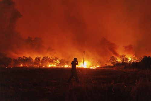 Flames burn a forest during a wildfire in Avantas village, near Alexandroupolis town, in the northeastern Evros region, Greece, Monday, Aug. 21, 2023. 