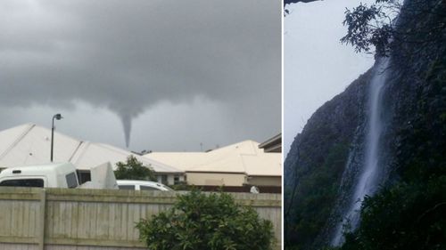 he unseasonable rain was also responsible for reported waterspouts and transforming local landmark Mount Coolum into a cascading waterfall. (Twitter/Instagram)