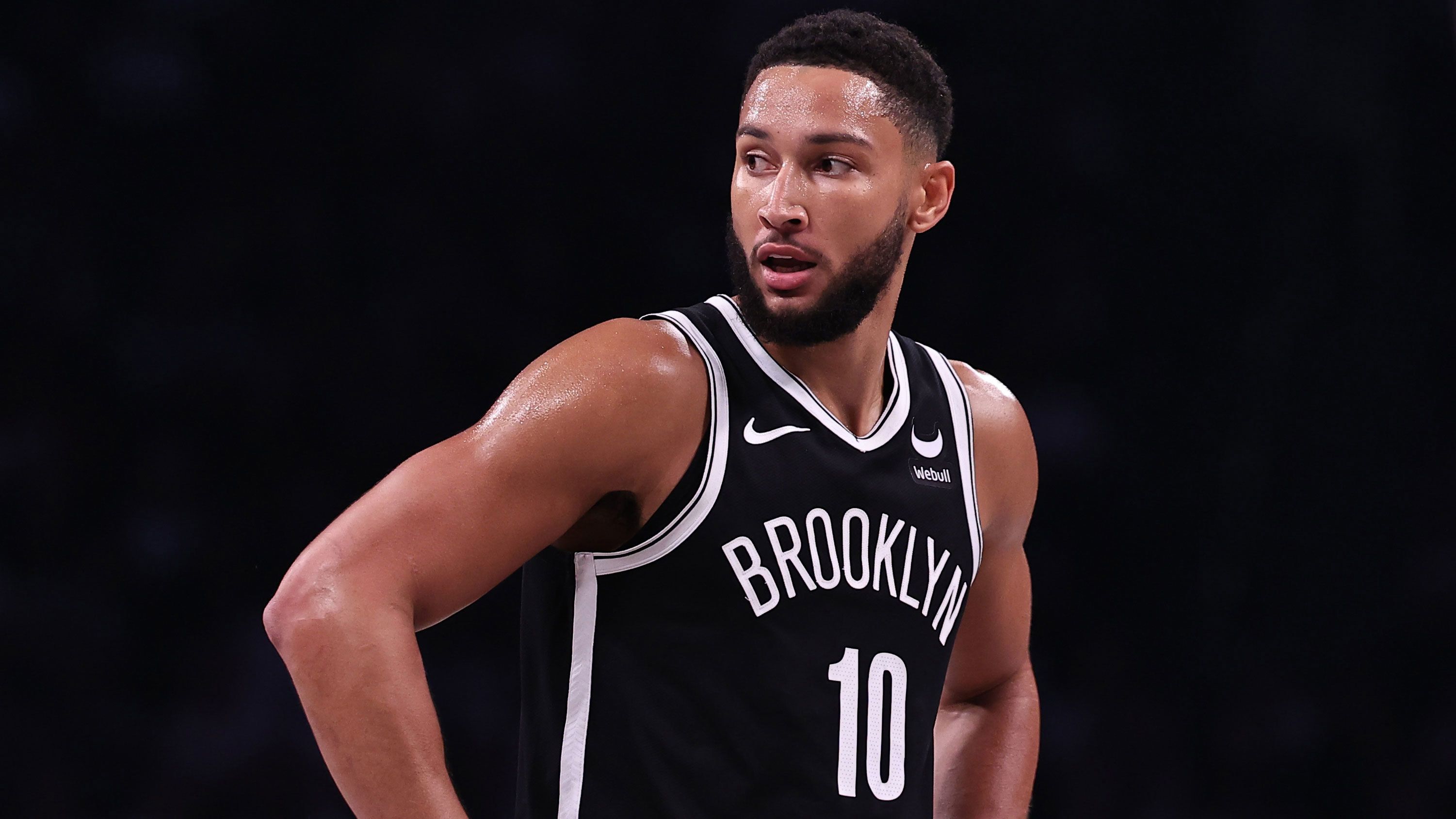 Ben Simmons of the Brooklyn Nets looks on during the first quarter of the game against the Cleveland Cavaliers.