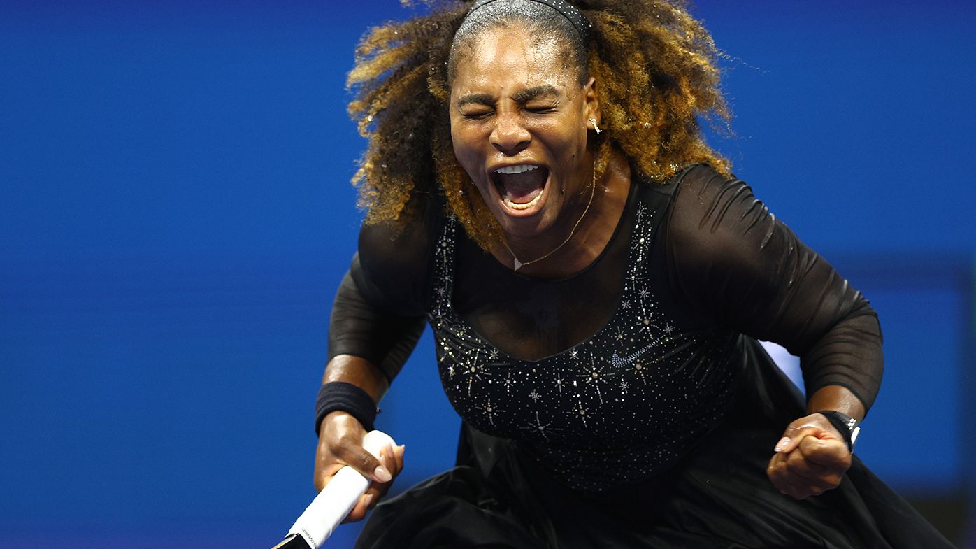 Serena Williams reacts during her opening round match against Danka Kovinic at the US Open.