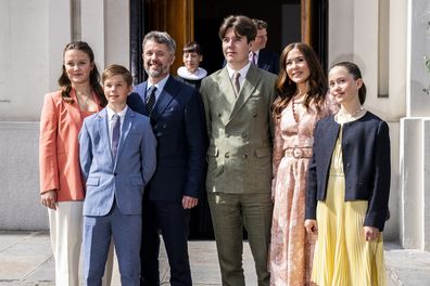 Denmark's Princess Isabella, Prince Vincent, Crown Prince Frederik, Prince Christian, Crown Princess Mary and Princess Josephine arrive for Count Henrik's confirmation in Frederikskirken, at the Danish Church in Paris, France, Thursday May 18, 2023. 
