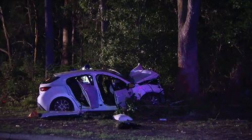 Two passengers were killed in a a car crash this morning when the vehicle ran off the road and into a tree at Salamander Bay in the NSW Hunter region. Picture: 9NEWS.