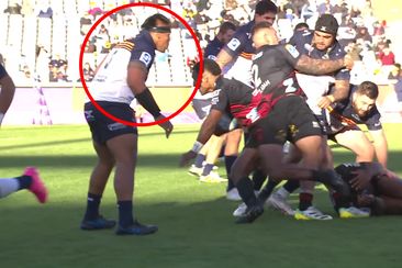 Brumbies captain Allan Alaalatoa was caught looking at the defensive line instead of the Crusaders player Sevu Reece who had the ball.