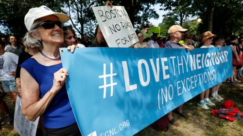 Thousands of people turned out to counter-protest the Boston rally. (AP)