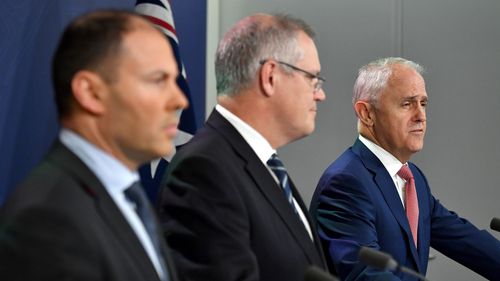 Minister for Energy Josh Frydenberg, Treasurer Scott Morrison and Prime Minister Malcolm Turnbull addressed the looming gas shortfall in Sydney today. (AAP)