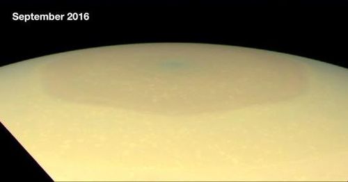 Four years later Saturn's north polar region changed colours from blue to gold.
