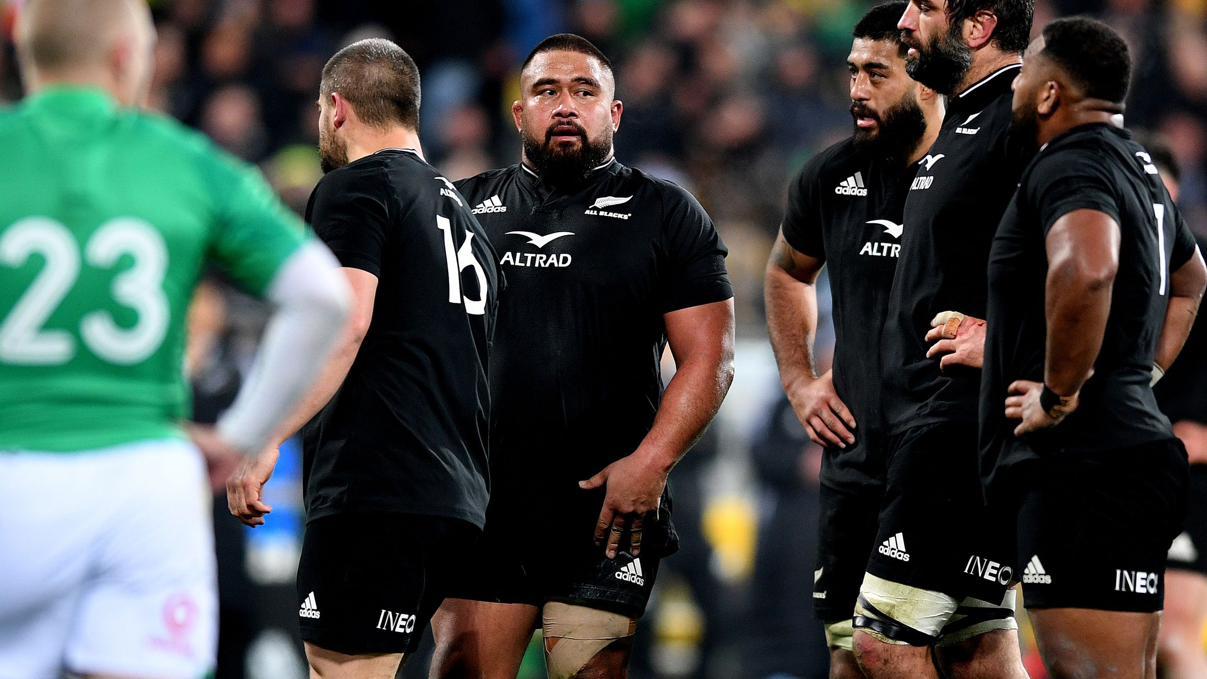 Nepo Laulala of the All Blacks looks on during the International Test match between the New Zealand All Blacks and Ireland at Sky Stadium.