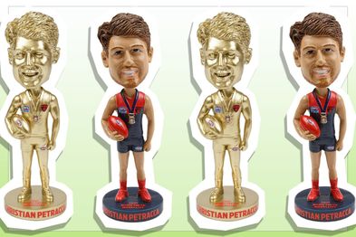 9PR: AFL Melbourne Demons Christian Petracca Bobblehead Figure and Norm Smith Medalist Gold Bobblehead Figure