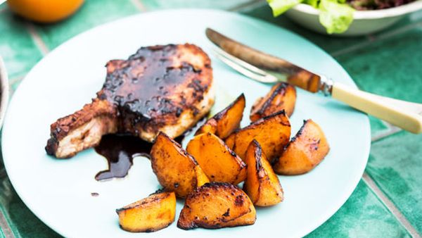 Poh's spiced pork cutlets with charred persimmons